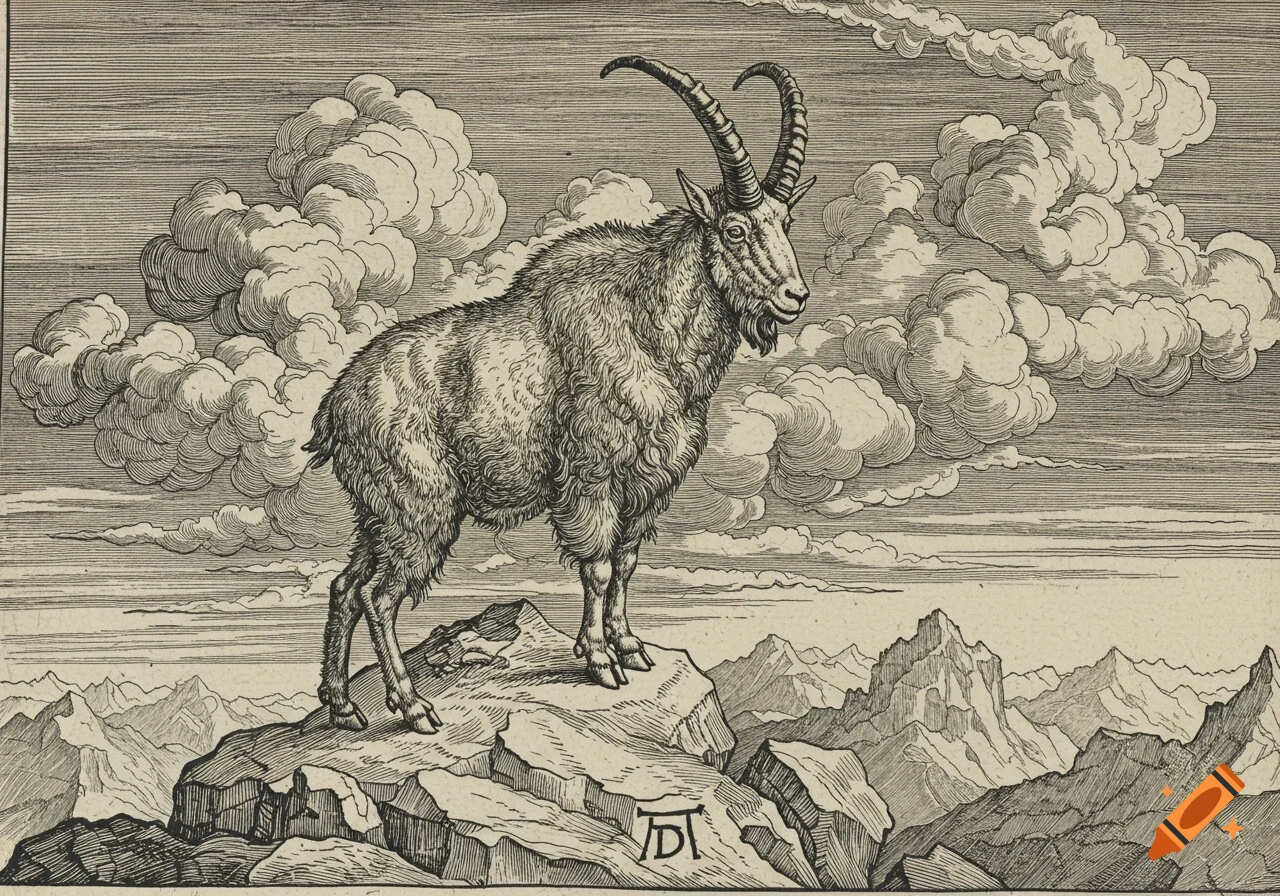 A detailed wood engraving of a mountain goat with large curved horns standing on a rocky peak, with clouds and mountains in the background.