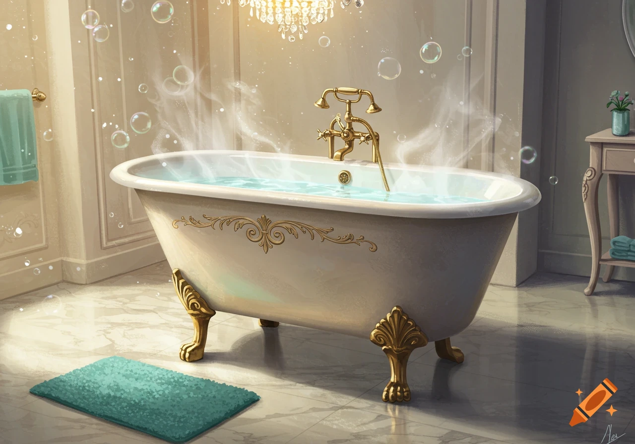 An ornate bathroom with a claw-foot tub, gold faucet, steaming water, and bubbles under a chandelier.