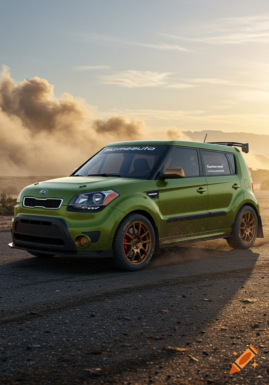 A moss green rally-modded Kia Soul with bronze wheels kicks up dust on a dirt road in a desert landscape at sunset.