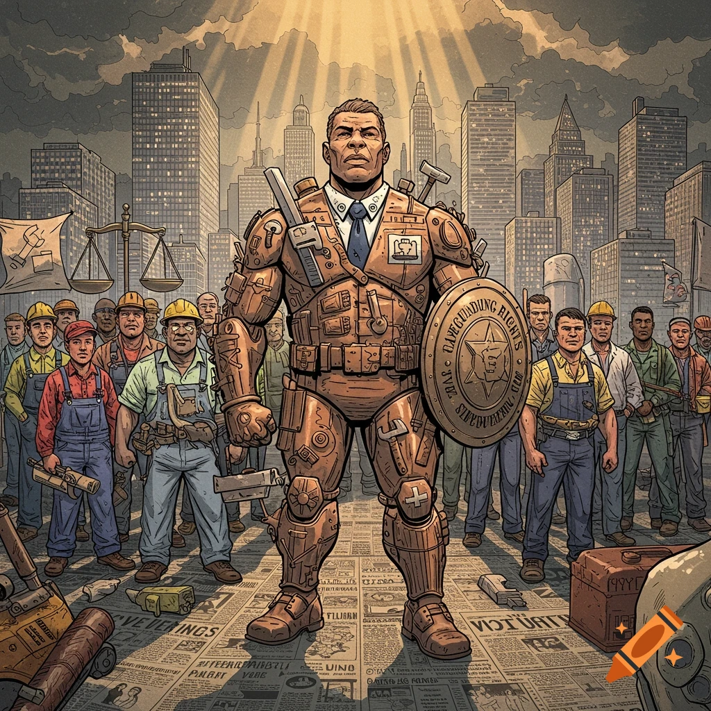 A powerful, armored man in a suit holding a shield that reads 'Safeguarding Rights,' stands before a crowd of diverse workers with a city skyline in the background, in a comic book style.