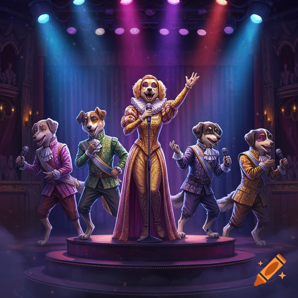 Five anthropomorphic dogs in elaborate historical costumes sing on a brightly lit stage.