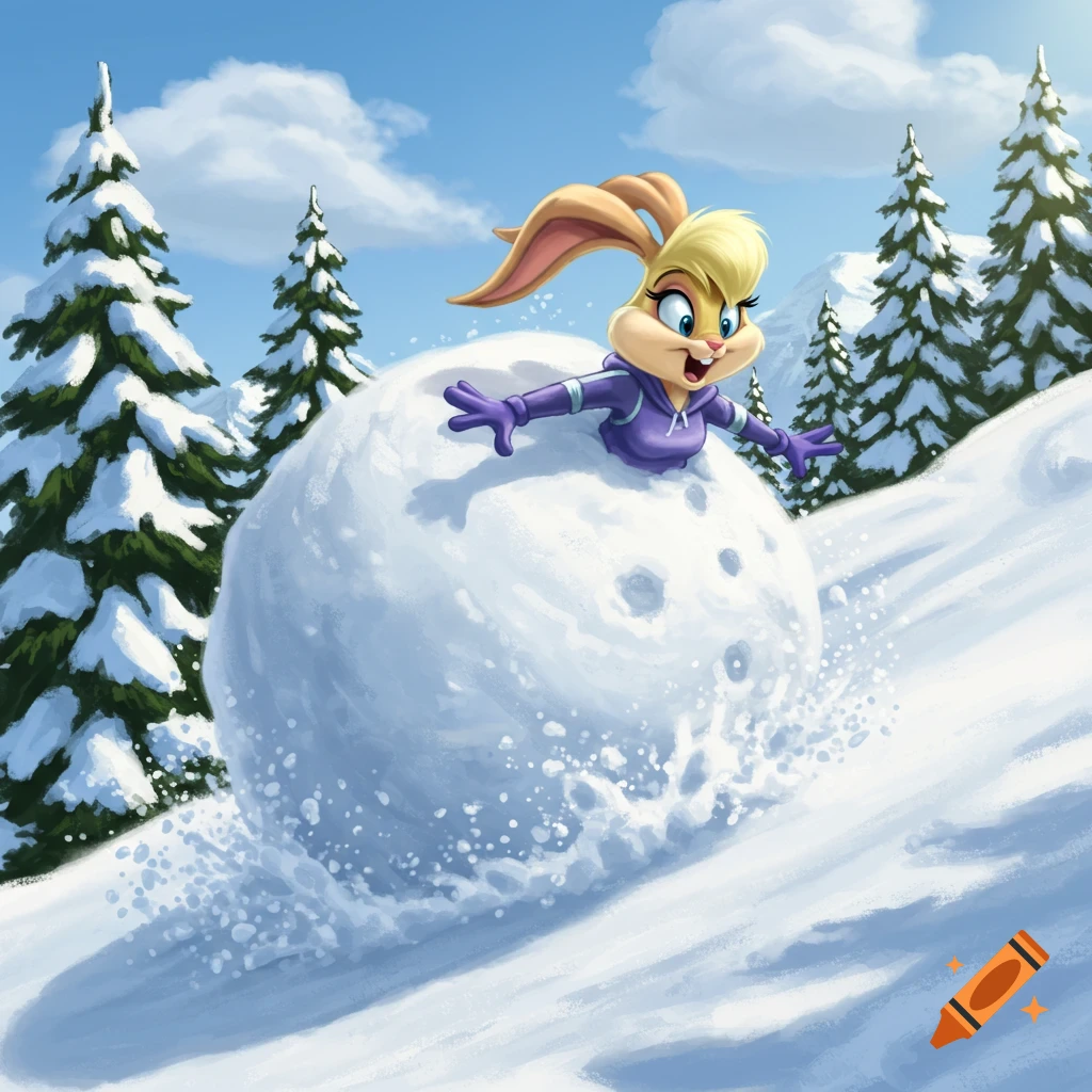 Lola Bunny, a cartoon rabbit, is stuck in a giant snowball rolling downhill through a snowy mountain with pine trees.