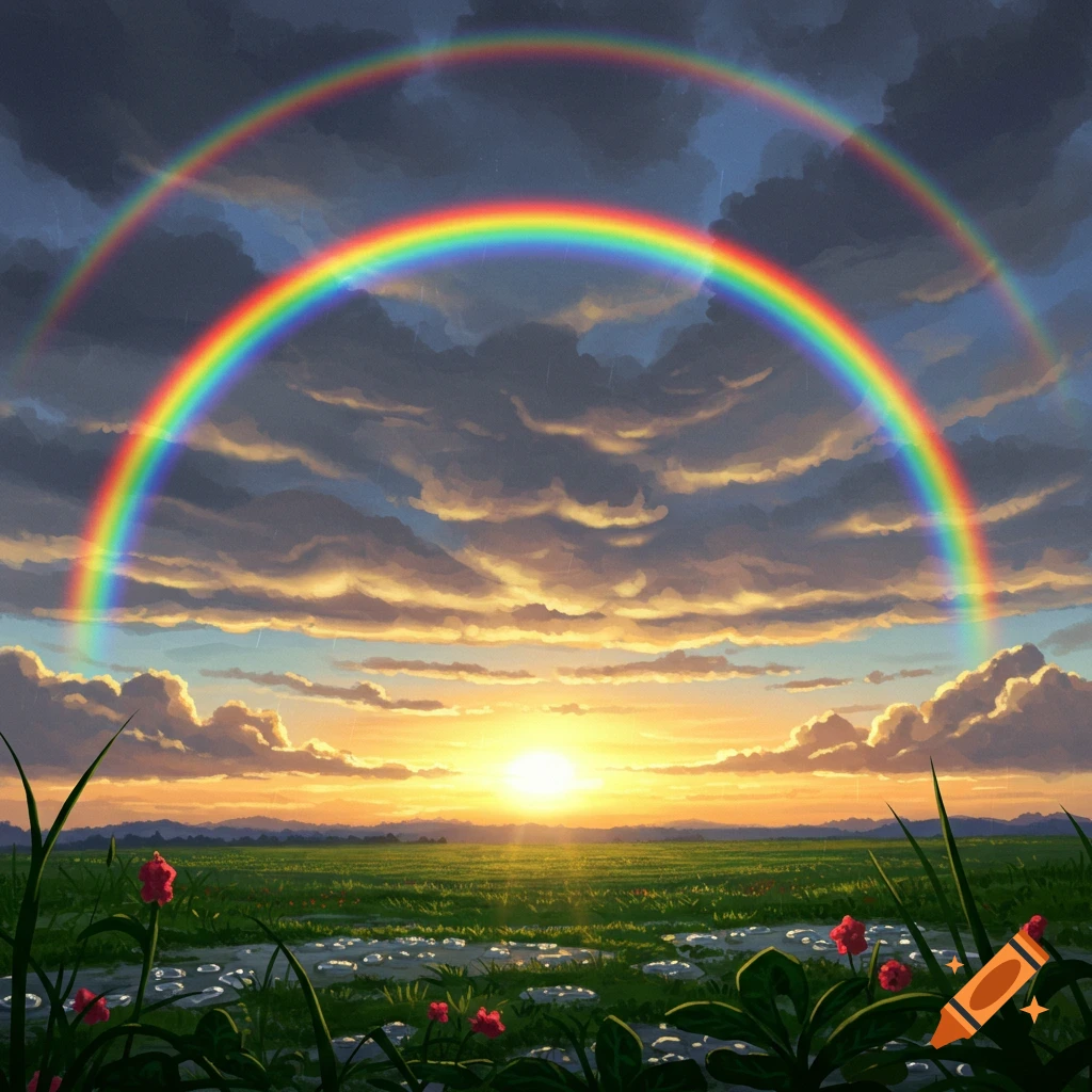 A double rainbow arches over a vibrant sunset with a green field below and dark, cloudy skies.