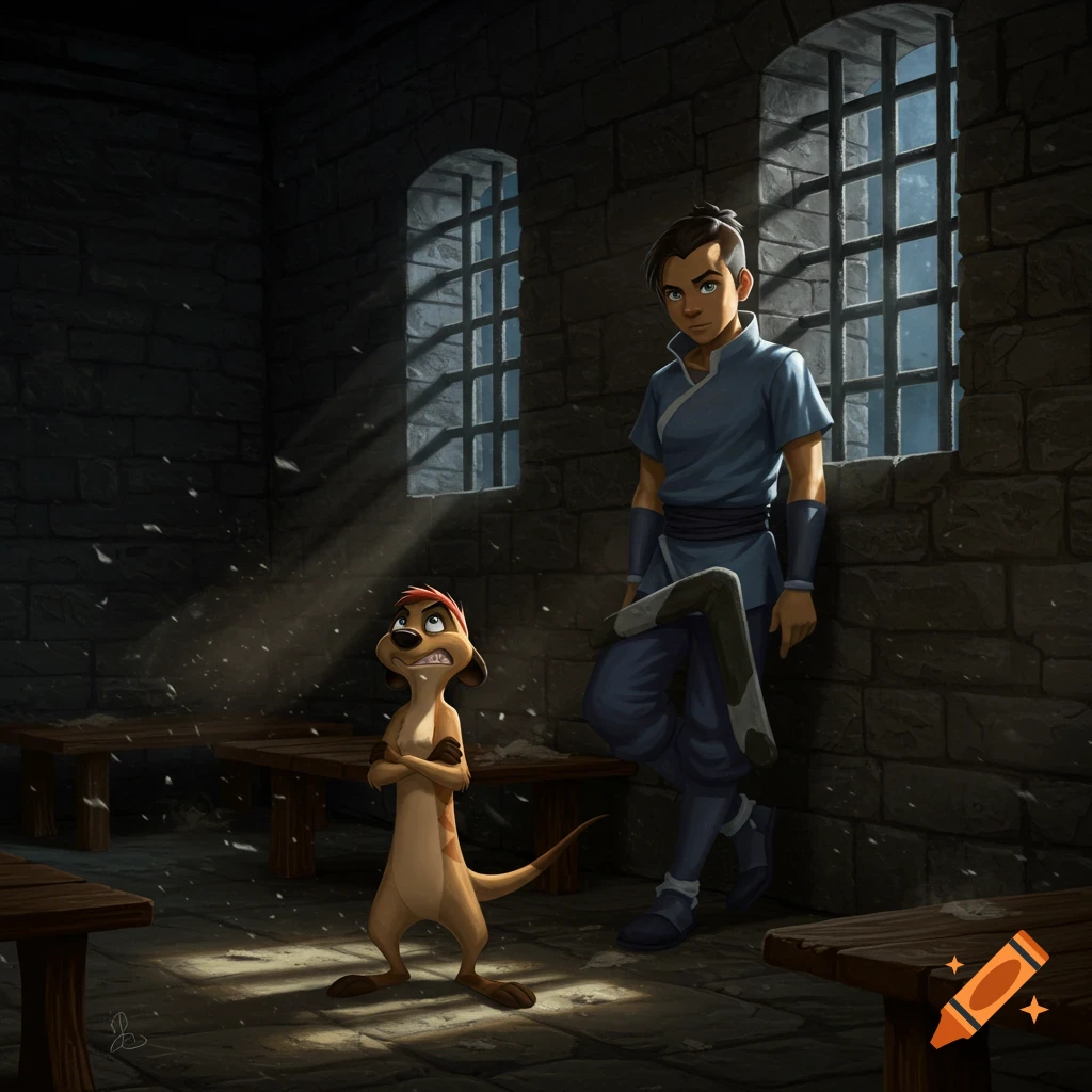 Timon from The Lion King and Sokka from Avatar: The Last Airbender in a dark, stone prison cell, lit by rays of light from barred windows.