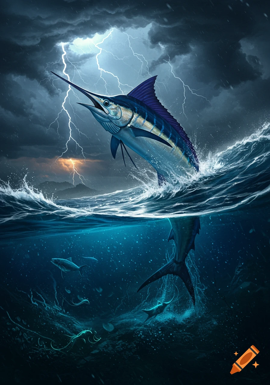 A vibrant blue marlin jumps out of dark, stormy ocean waters under a lightning-filled sky.