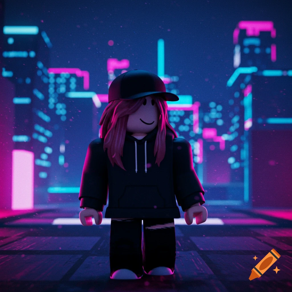 A 3D render of a Roblox avatar girl wearing a black hoodie and baseball cap, with pink hair, standing on a neon-lit cyberpunk street.