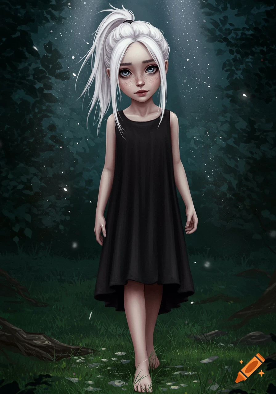 Drawing of a pale girl with white hair, black dress, and freckles standing barefoot in a dark, sparkling forest.