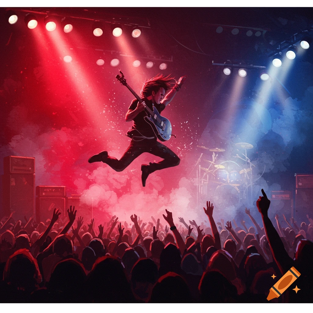A rock guitarist jumps on stage under red and blue lights, playing to a cheering crowd.