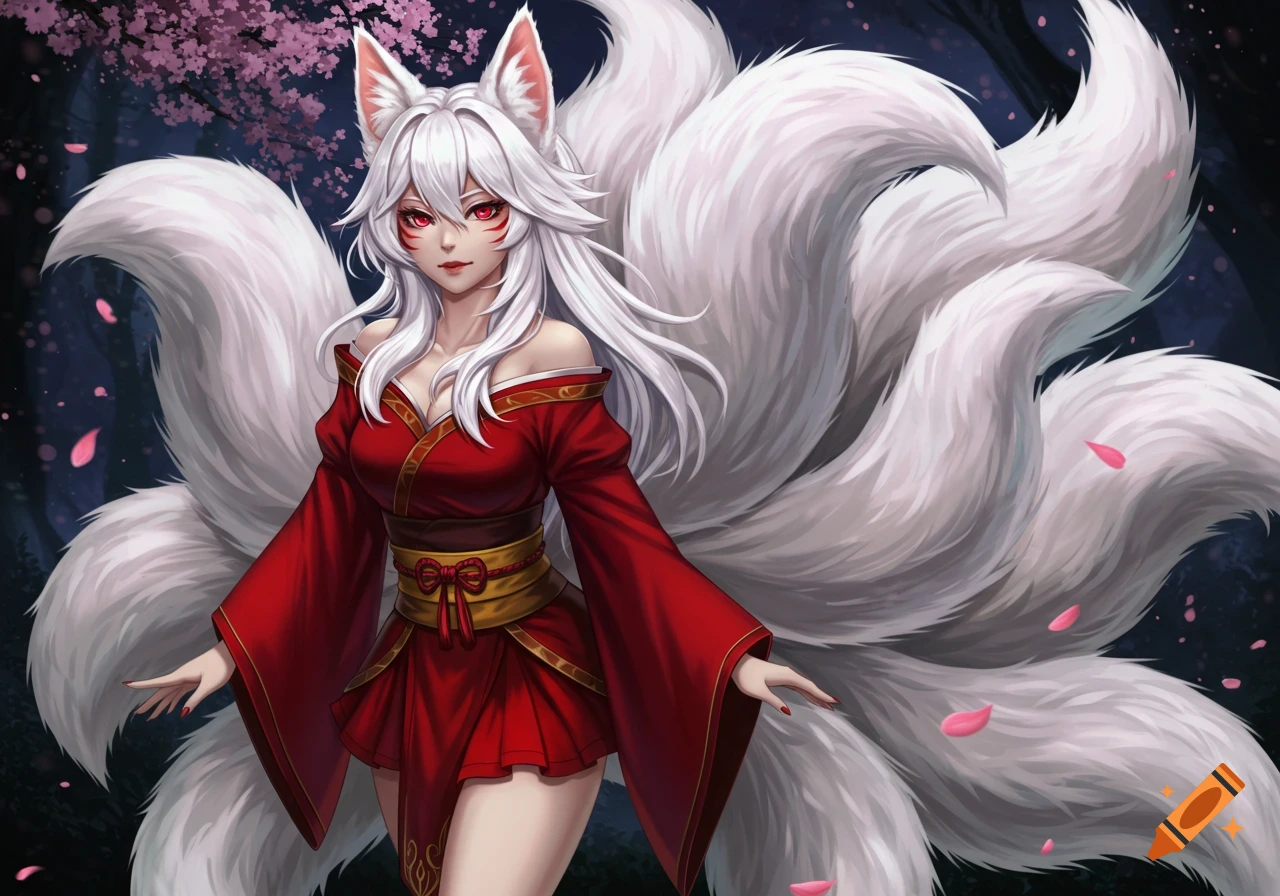 An anime kitsune with white hair, red eyes, and nine white tails, wearing a red kimono under cherry blossoms.
