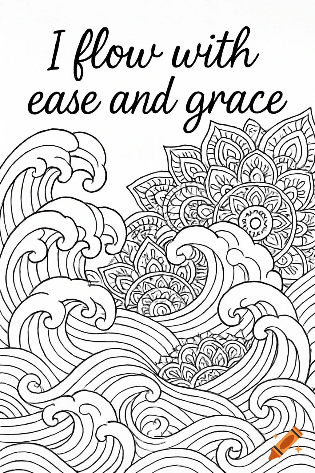Black and white adult coloring page featuring Japanese-inspired waves intertwining with mandala patterns, with the affirmation 'I flow with ease and grace' at the top.