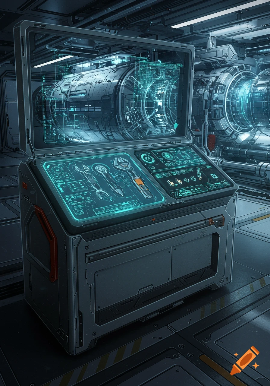 A futuristic control panel with holographic displays showing schematics of a spaceship engine and digital tools in a sci-fi setting.