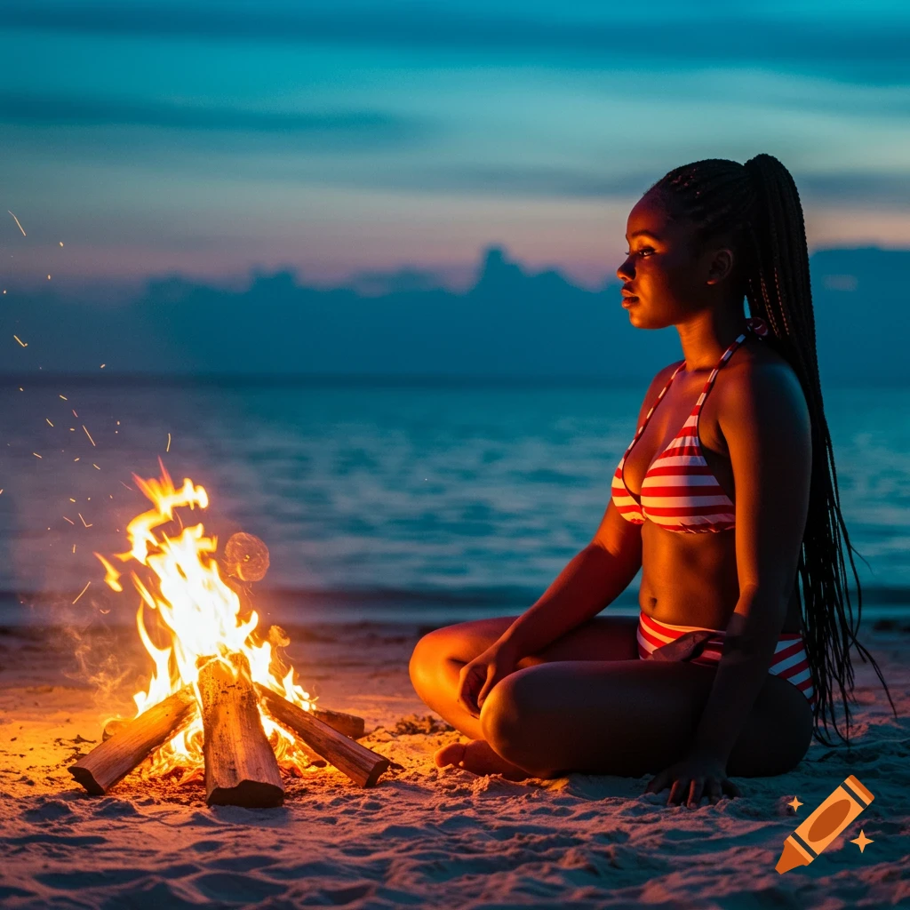 African woman in a striped bikini sits by a bonfire on a beach at twilight, gazing at the flames.