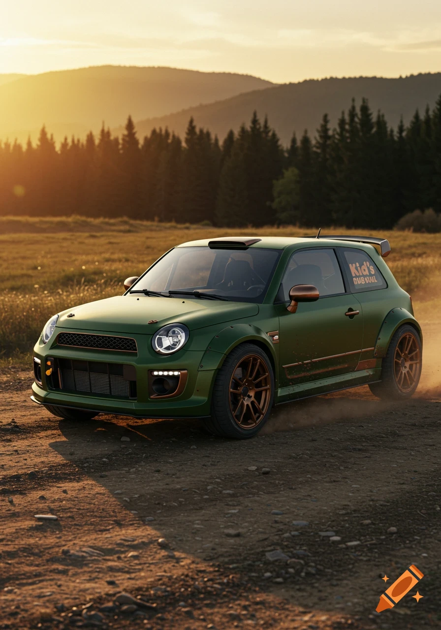 A custom moss-green rally car with bronze trim kicks up dust on a dirt road at sunset with mountains in the background.