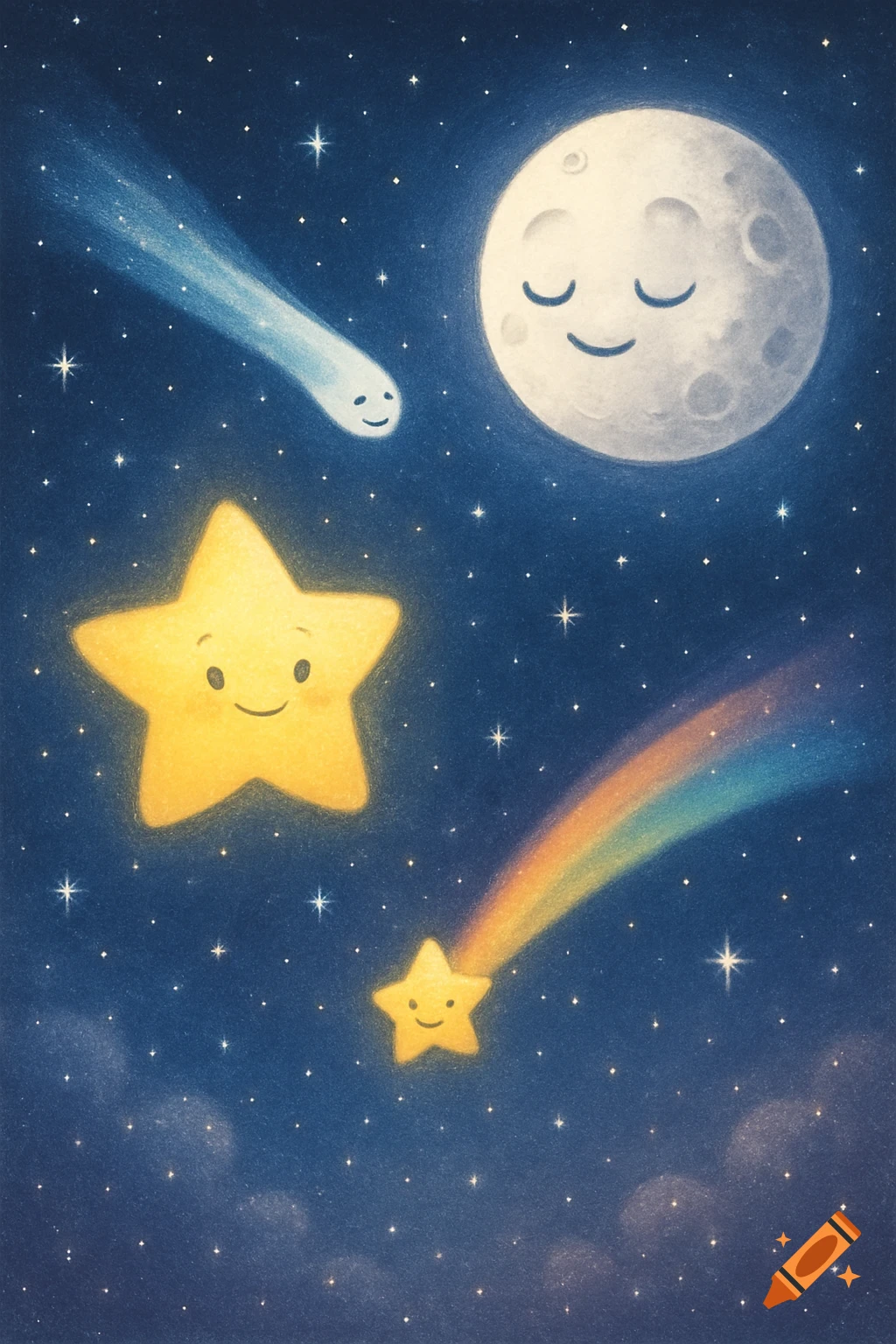 A whimsical illustration of a smiling moon, a large smiling star, a smiling comet, and a small smiling shooting star with a rainbow tail in a starry night sky.
