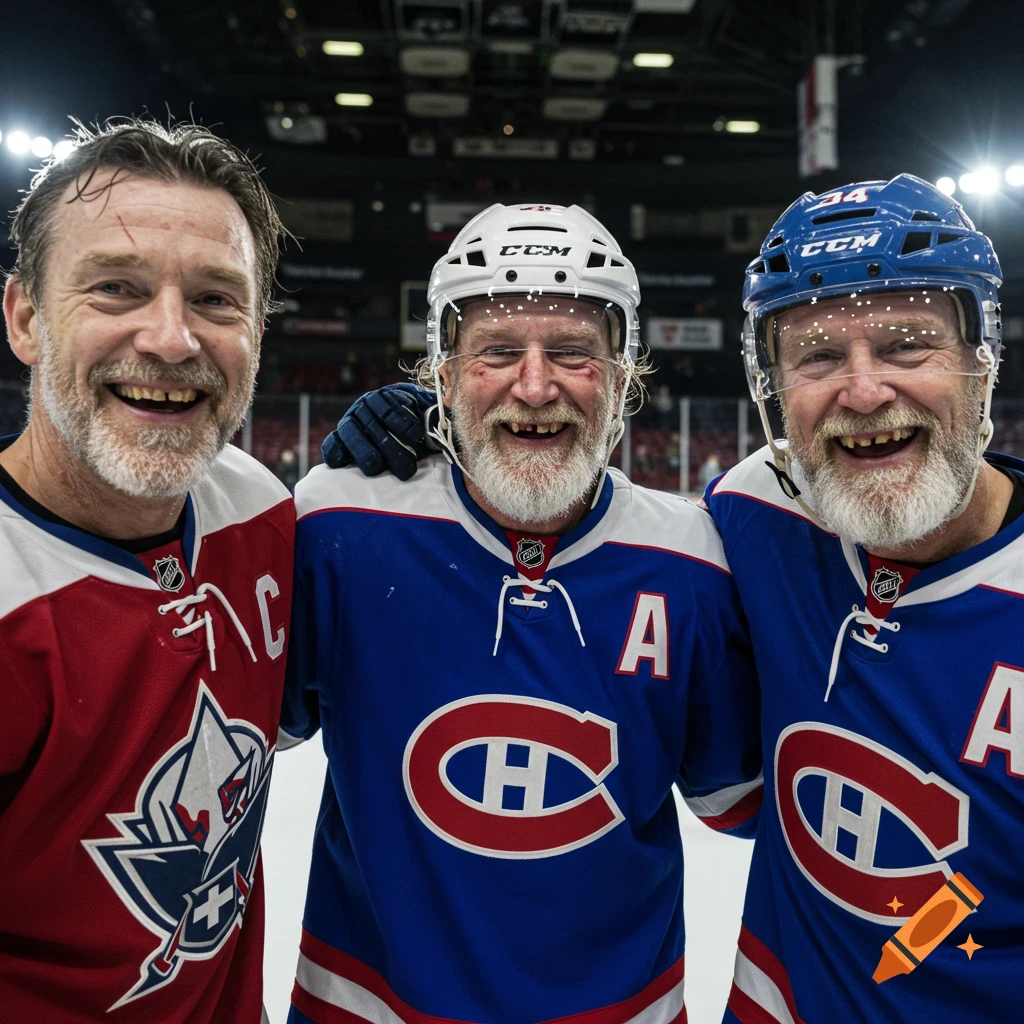 Three smiling male hockey players, two in blue Canadiens jerseys and one in a red Jets-like jersey, posing on an ice rink. All have missing teeth.
