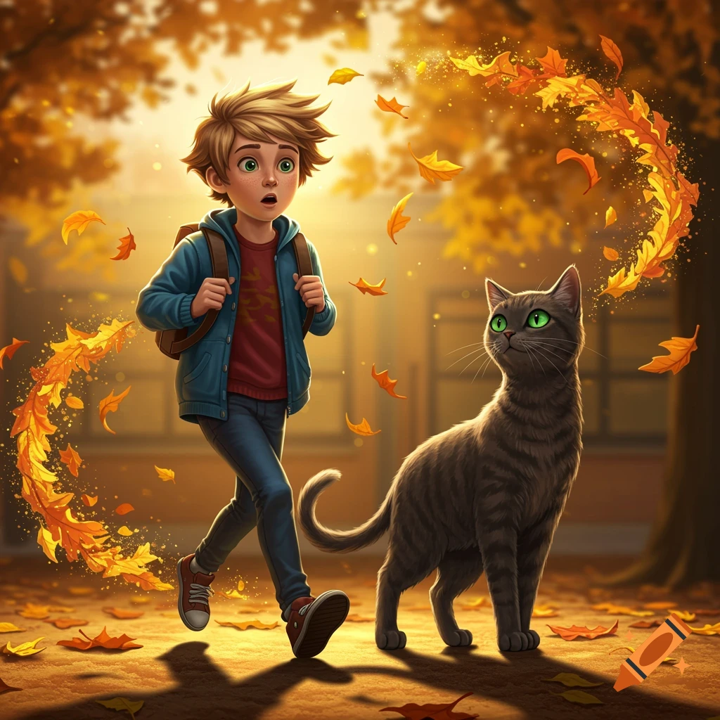 A cartoon boy with a backpack walks alongside a gray cat as autumn leaves swirl around them.