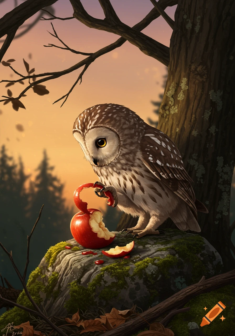 A fluffy brown and white owl with yellow eyes stands on a mossy rock, holding and eating a red apple at sunset in a forest, digital art.