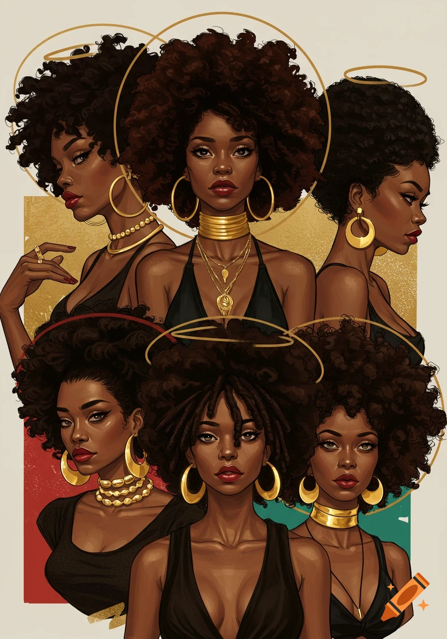 Illustration of several Black women with afros and locs, wearing gold jewelry and chic urban outfits, stylized with golden halos.