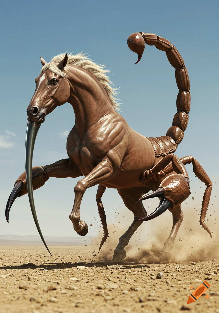 A hyper-realistic brown horse-scorpion hybrid with a stinger and claws rears up in a dusty desert.