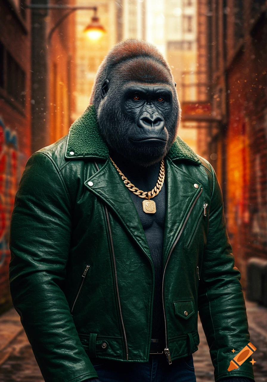 A photorealistic gorilla in a green leather jacket and a thick gold chain stands in an urban alleyway.