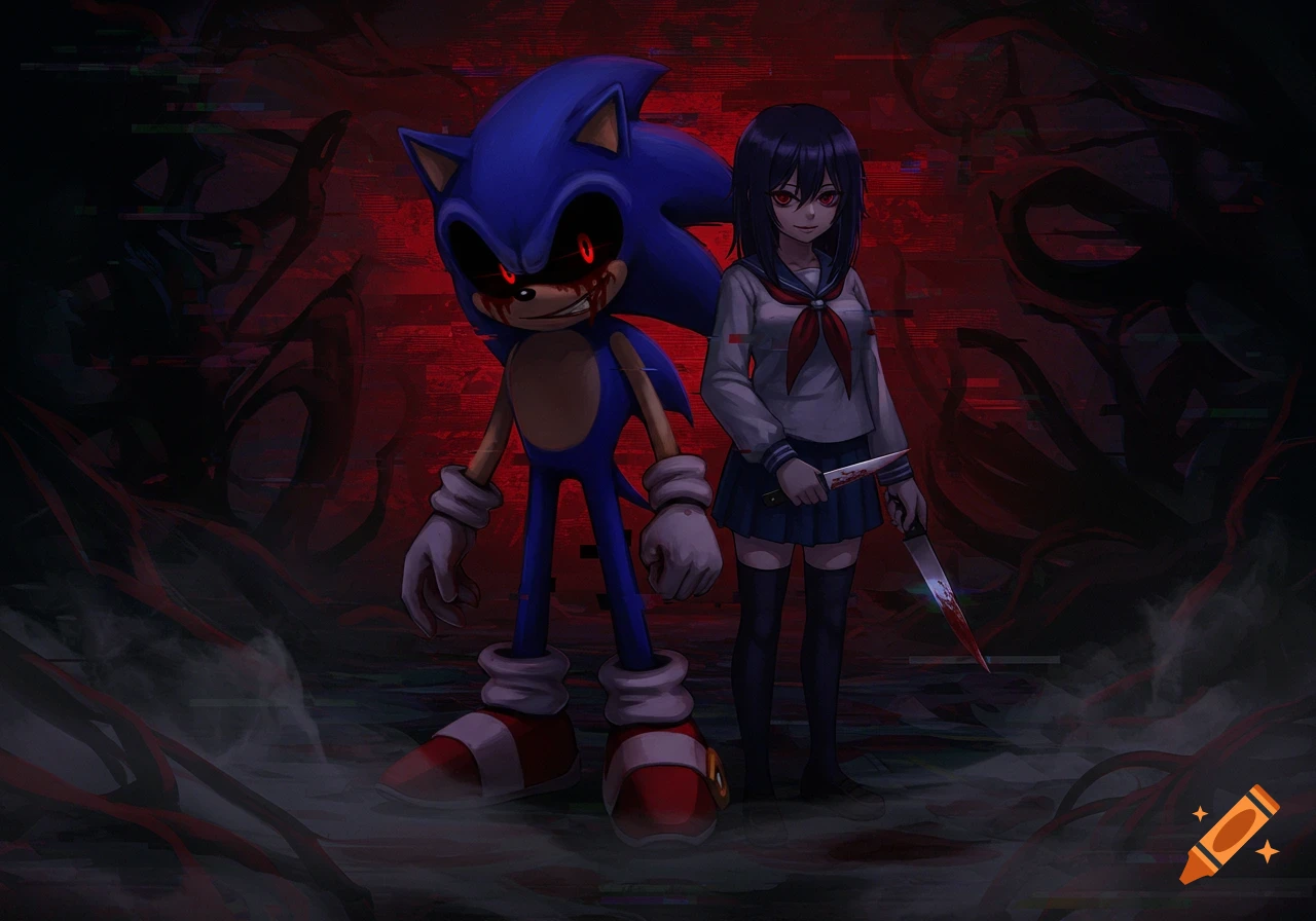 A dark, stylized anime illustration of Sonic.exe with bloody eyes and teeth standing next to Ayano Aishi, who holds a bloody knife. The background is red and glitchy.