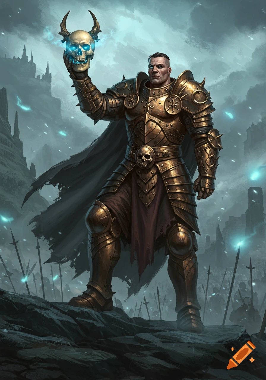 A heavily armored warrior in gold and dark metal holds a glowing horned skull on a desolate, rocky battlefield with an army in the background.