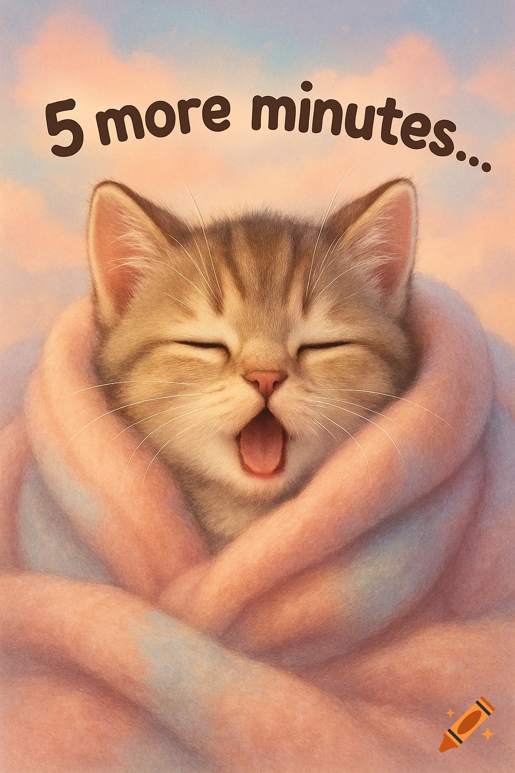 A cute, sleepy kitten, wrapped in a pink and blue blanket, yawns under text that reads '5 more minutes...' in a soft, pastel, dreamy style.