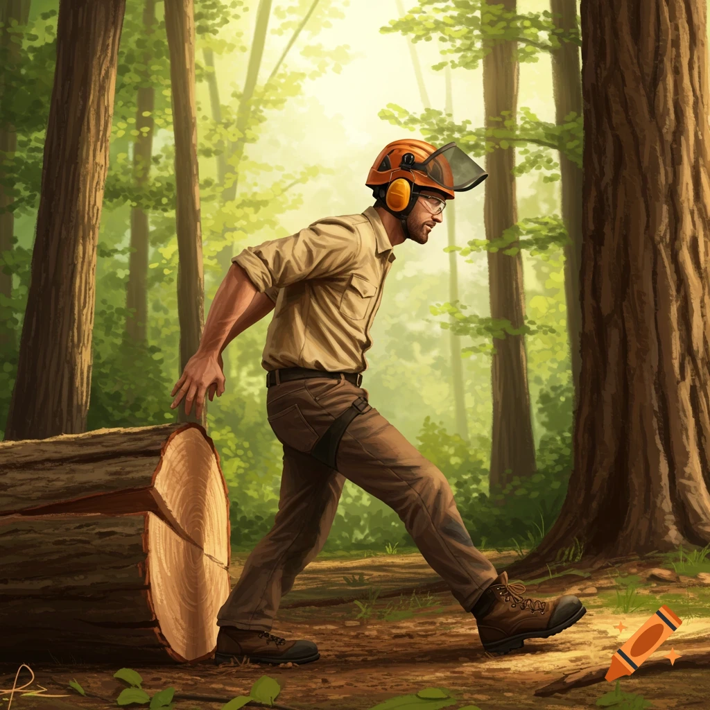 An arborist in safety gear stands in a sunlit forest next to a large cut log, digital art.