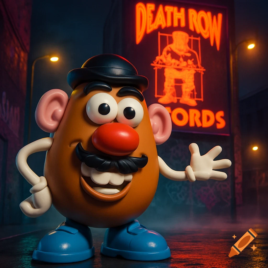 Photorealistic Mr. Potato Head in a bowler hat standing in an alley with a glowing Death Row Records neon sign in the background.