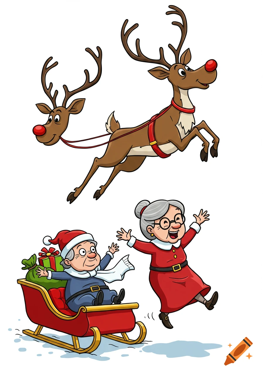 Cartoon reindeers pulling a sleigh with a happy old man, while an old woman jumps nearby.