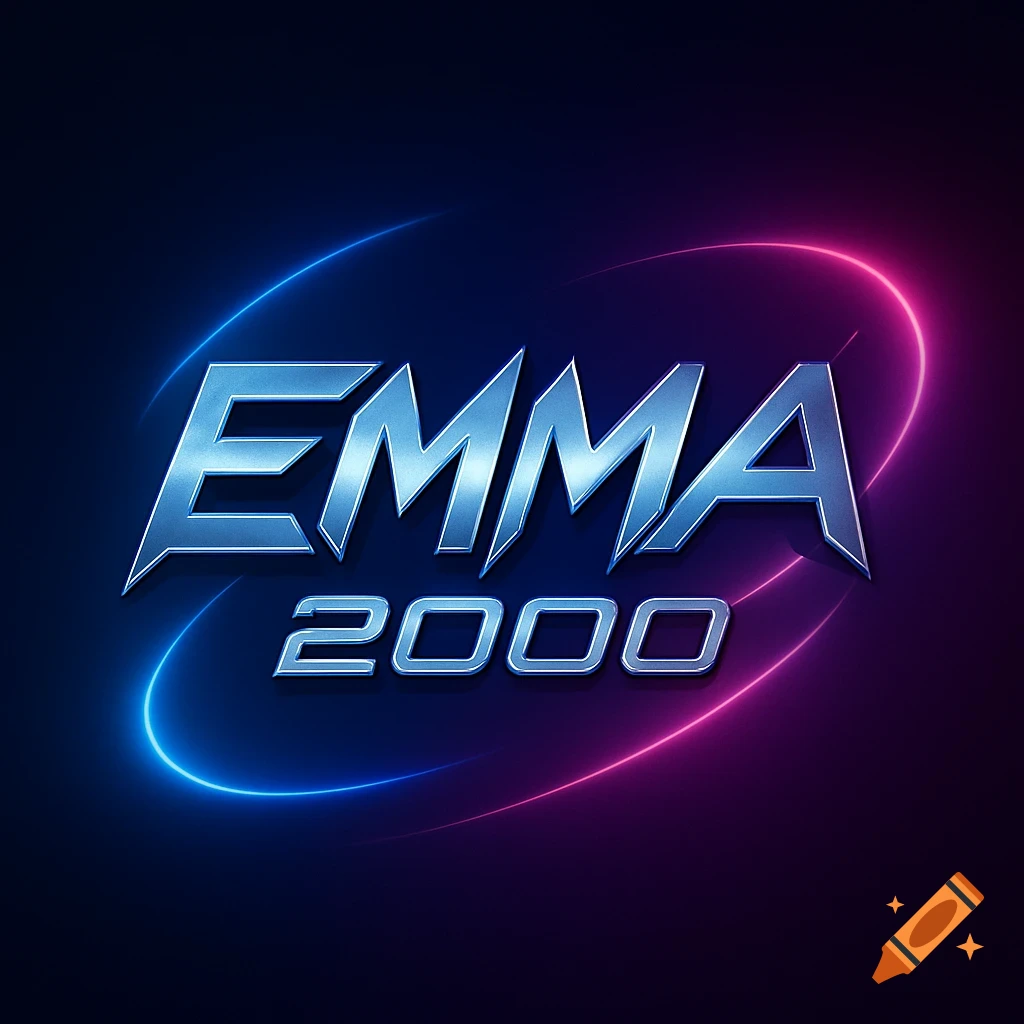 Metallic blue 'EMMA 2000' logo with glowing neon blue and pink rings on a dark background.