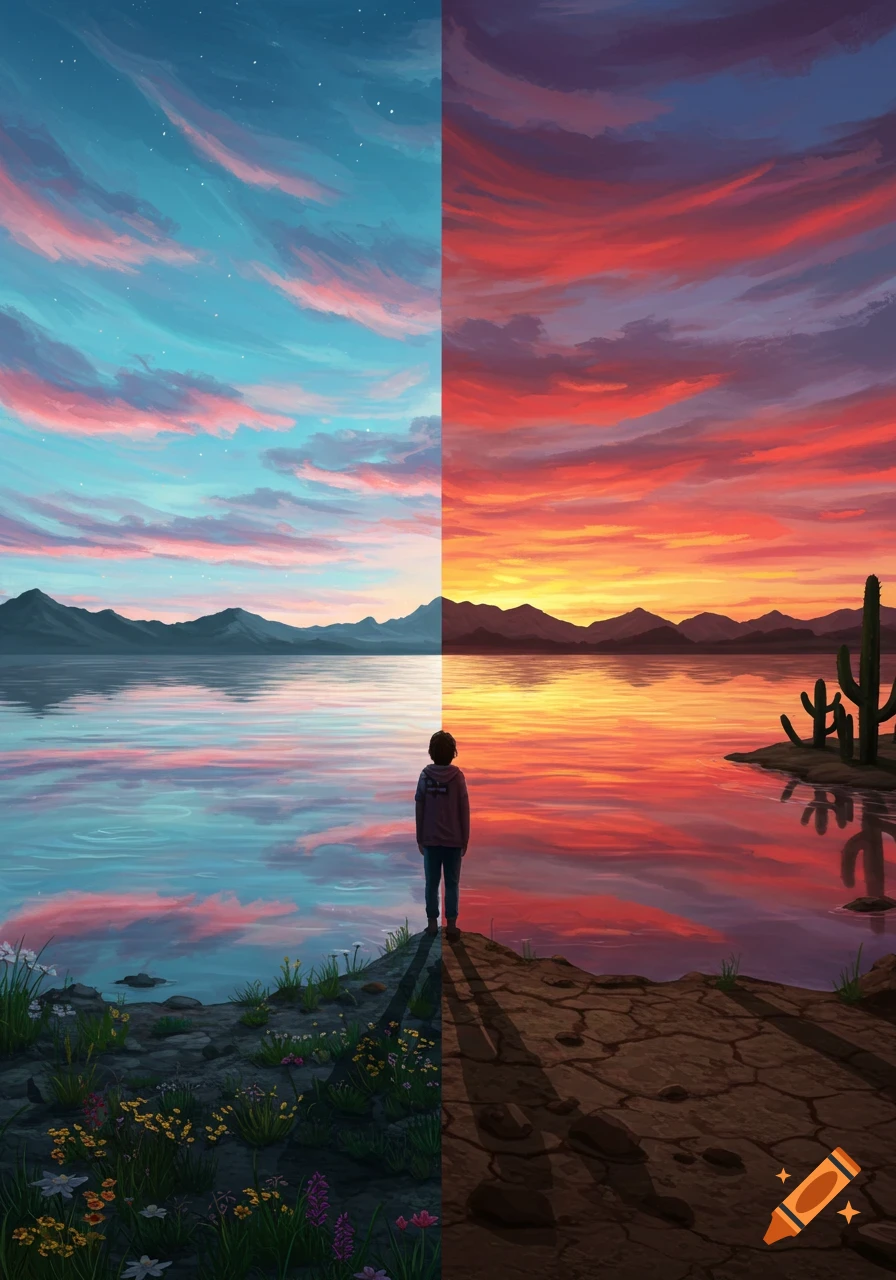 An illustration of a person standing by a lake, split into two scenes: a starry night landscape and a fiery sunset desert landscape.