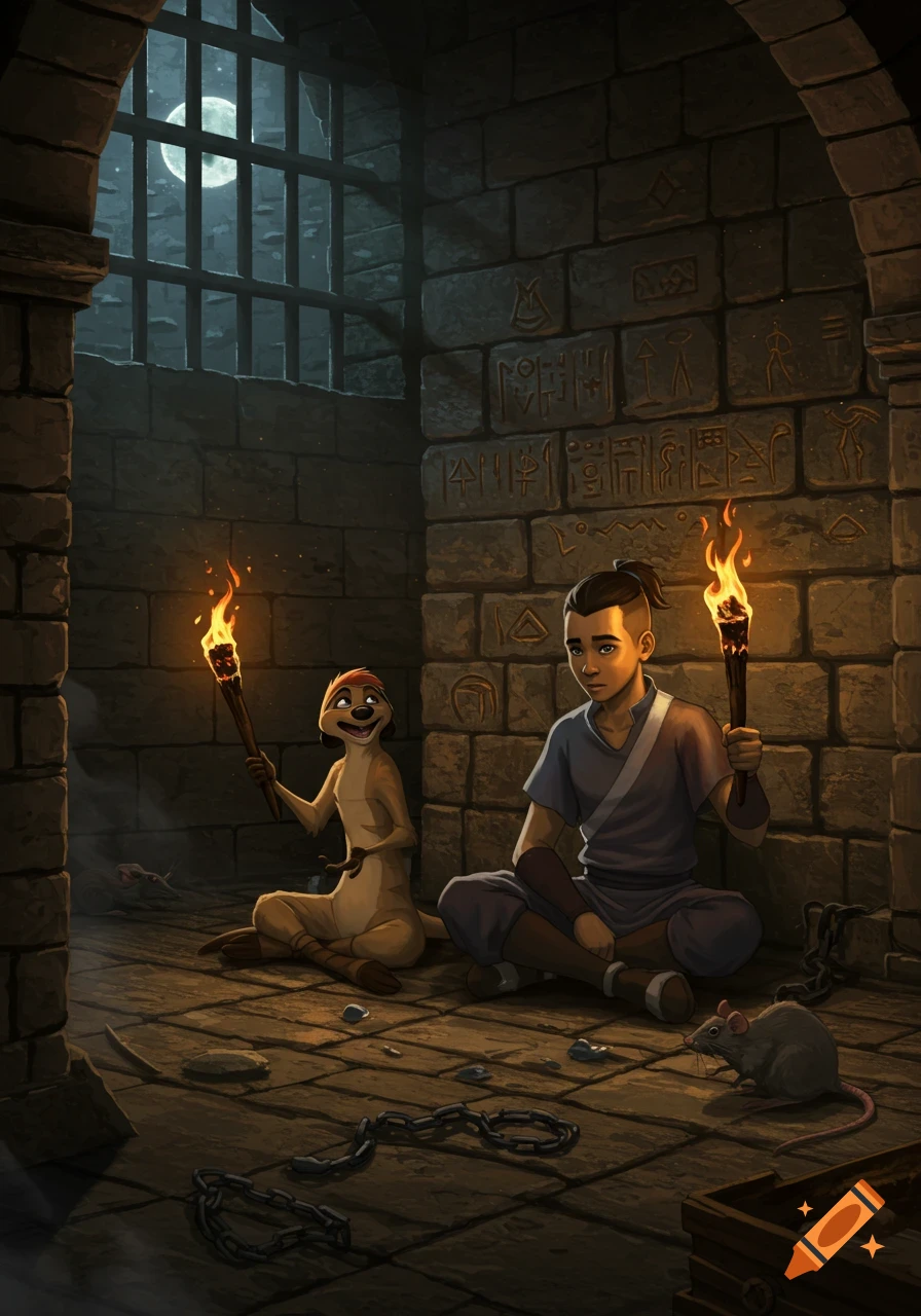 Timon and Sokka sit on the floor of a dark stone prison cell, holding torches. A full moon shines through a barred window.