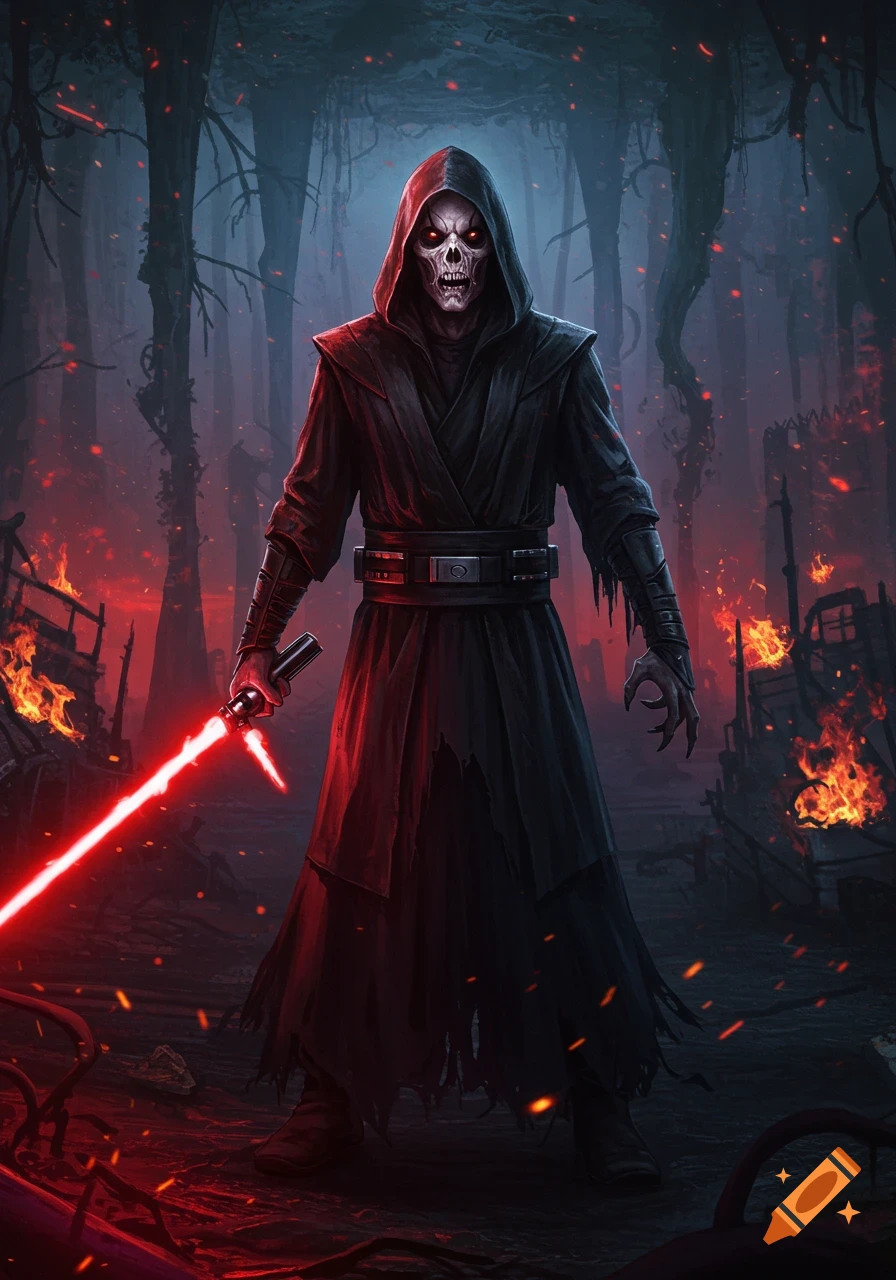 A skeletal, hooded figure with glowing red eyes and a dark robe wields a red crossguard lightsaber in a burning, desolate forest.
