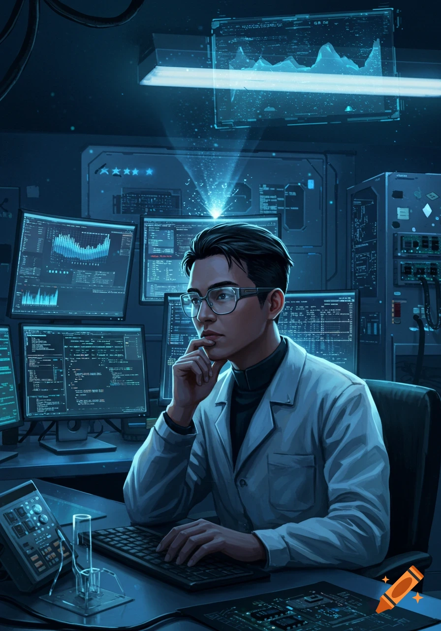 A thoughtful computer scientist in a lab coat at a desk surrounded by blue screens displaying code and data in a futuristic lab.