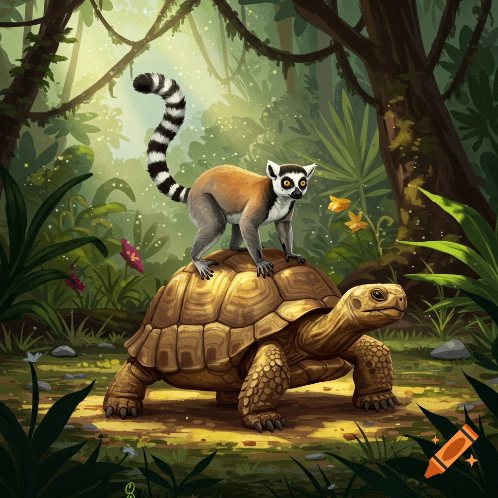 An illustrated lemur with a striped tail stands on the back of a large tortoise in a sunny, vibrant jungle.