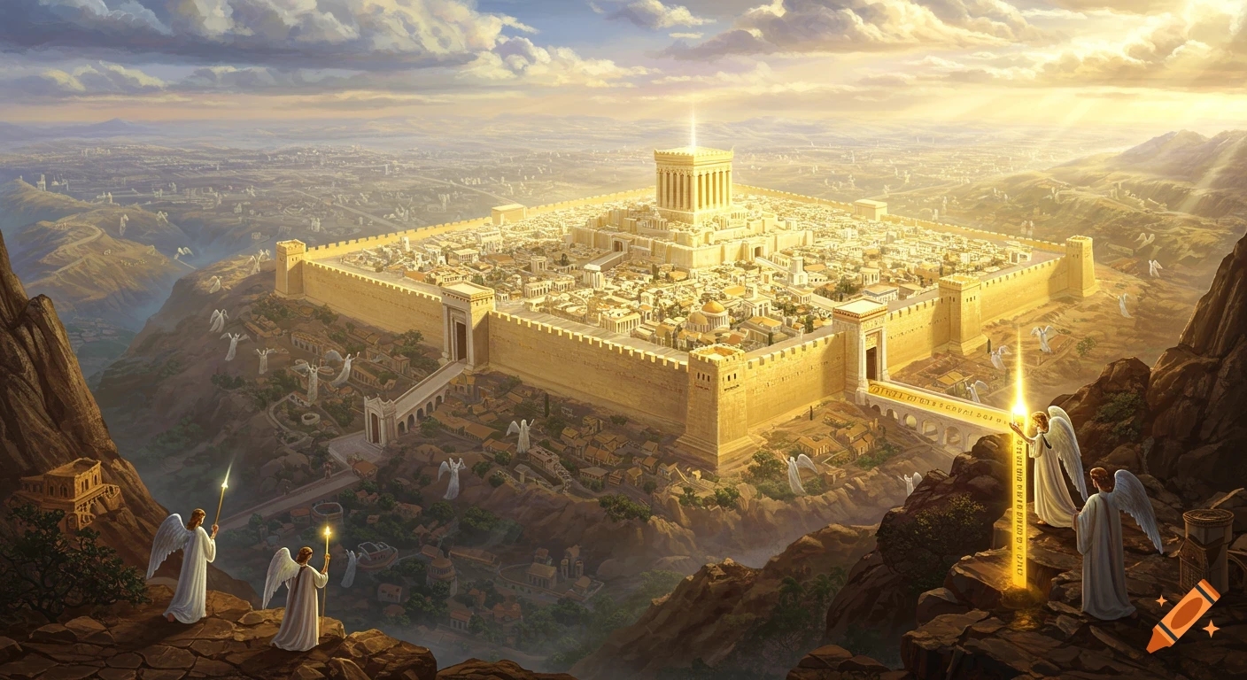 A breathtaking view of the Holy City, Jerusalem, a grand golden-walled city with a central temple, perched atop a mountain under a radiant sky, with angels surrounding it.