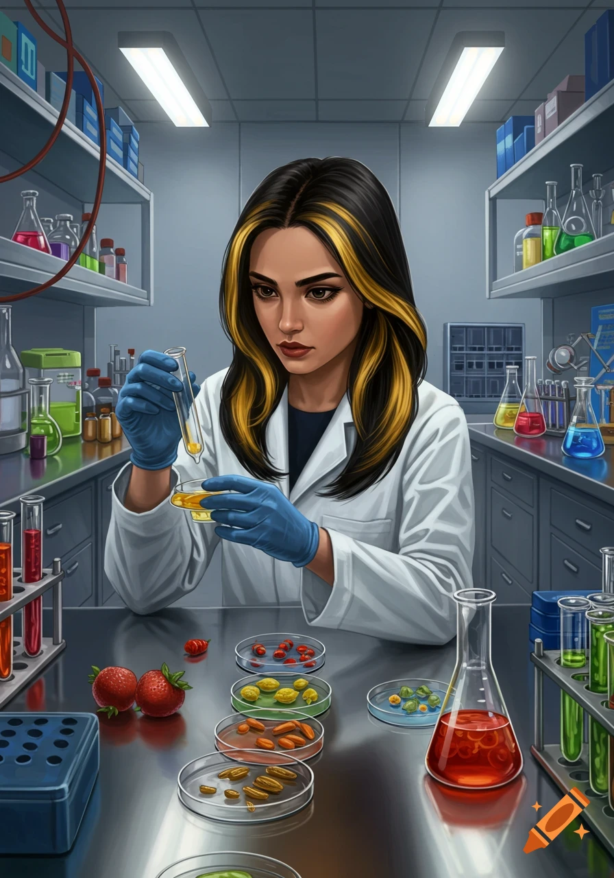 A female food scientist in a lab coat and blue gloves examines food samples in a laboratory, digital art.