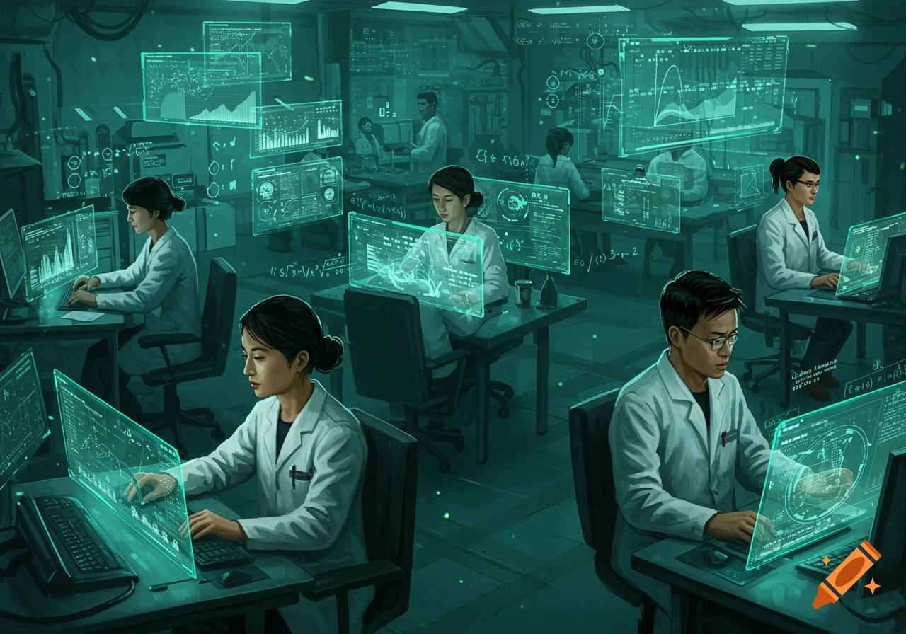 Scientists in lab coats work on computers and holographic displays in a futuristic, teal-lit lab.