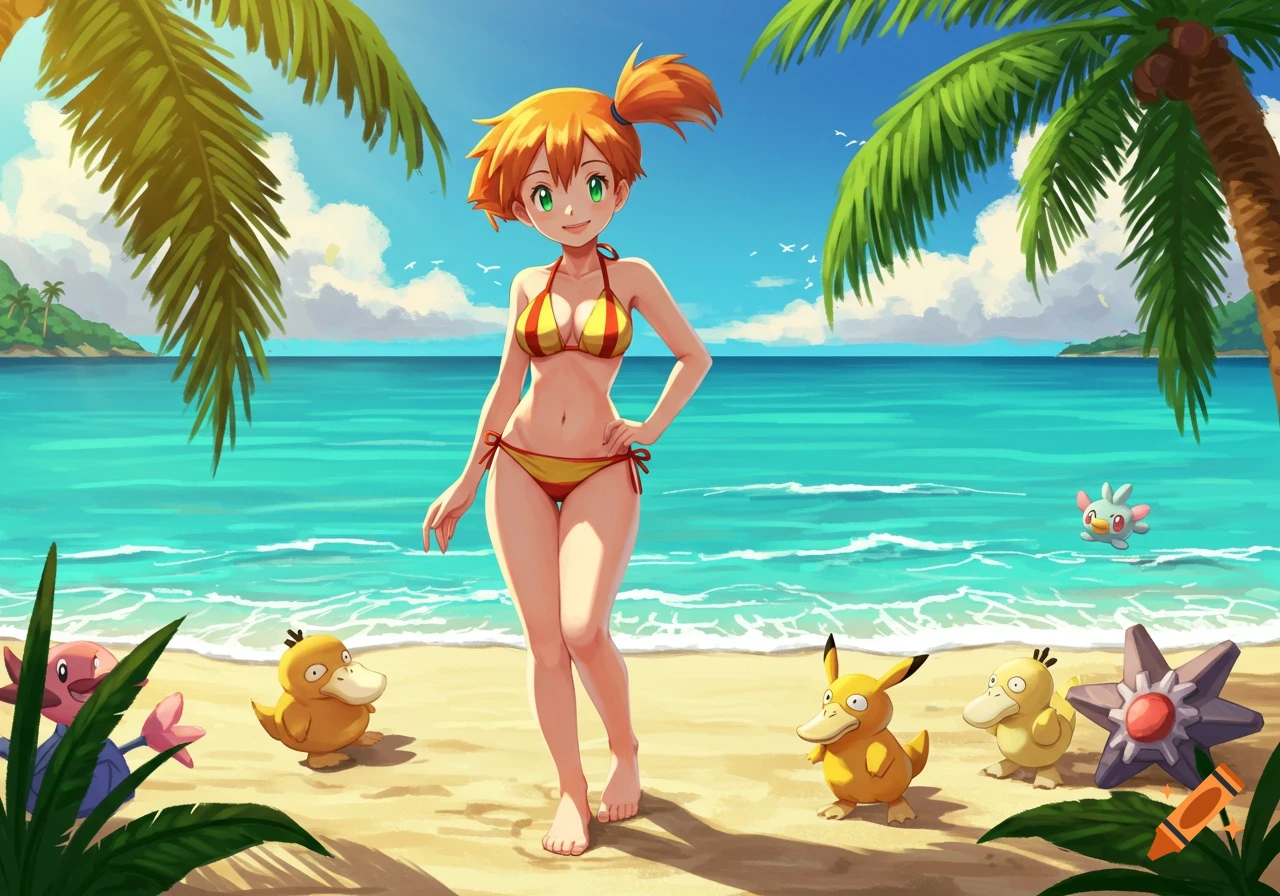 Anime image of Misty from Pokemon in a yellow and red bikini on a sunny beach with Psyduck, Staryu, and other Pokemon.