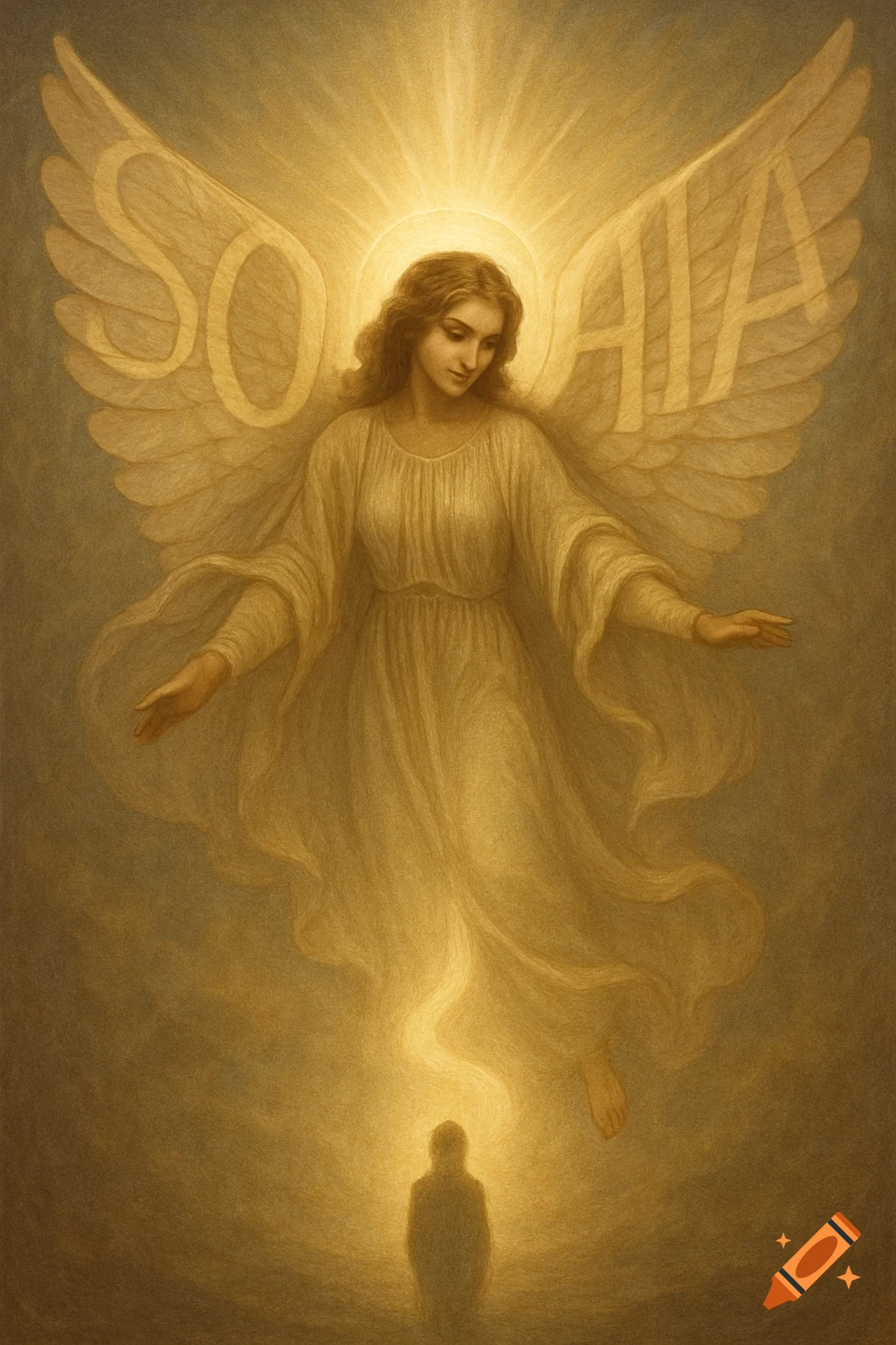 A golden, ethereal guardian angel with large wings and flowing robes looks down at a glowing human silhouette below.