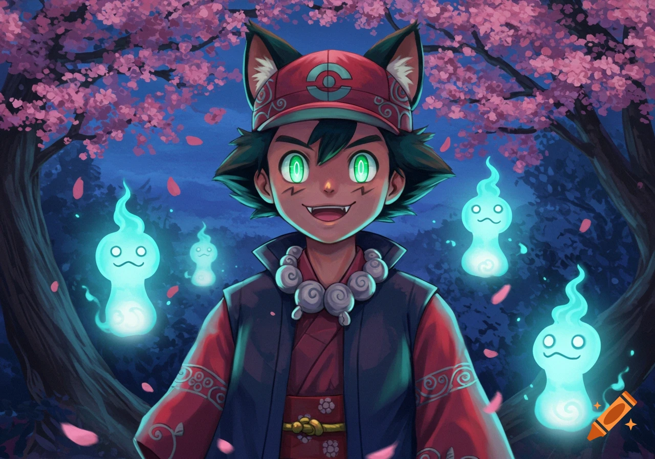 Anime Ash Ketchum as a cat-eared yokai with fangs, smiling among glowing spirits and cherry blossoms at night.