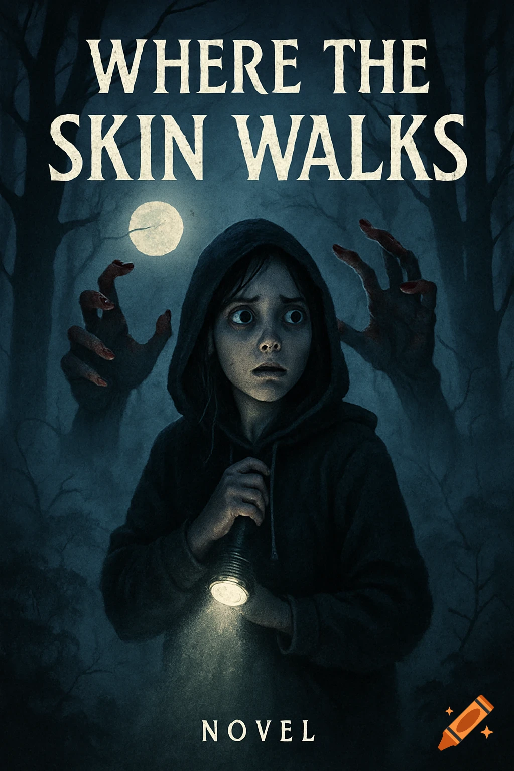 Horror book cover with a scared girl holding a flashlight in a dark forest, threatened by bloody, monstrous hands. Title: WHERE THE SKIN WALKS.