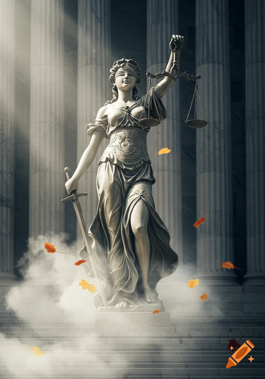A majestic stone statue of blindfolded Lady Justice holding scales and a sword, set against classical columns with light and mist.