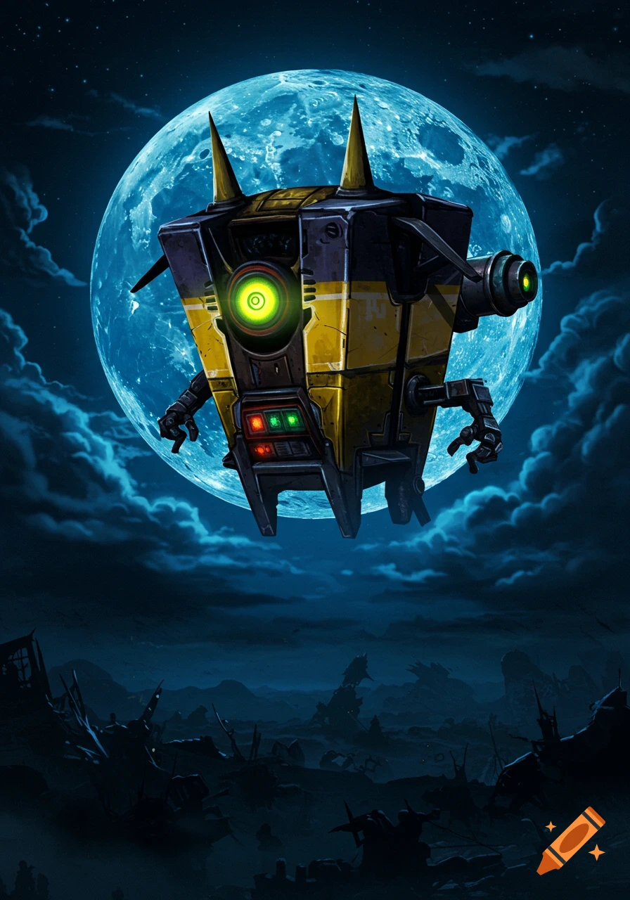 Claptrap robot from Borderlands hovers against a large, blue, cratered moon and dark, cloudy sky, above a desolate, ruined landscape in a video game art style.