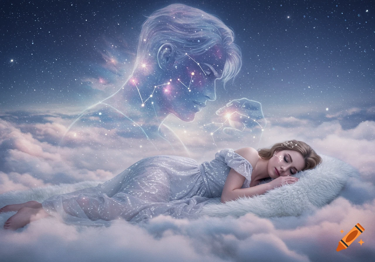 A sleeping woman in a shimmering dress lies on clouds under a starry sky, a translucent man made of stars floats above her.