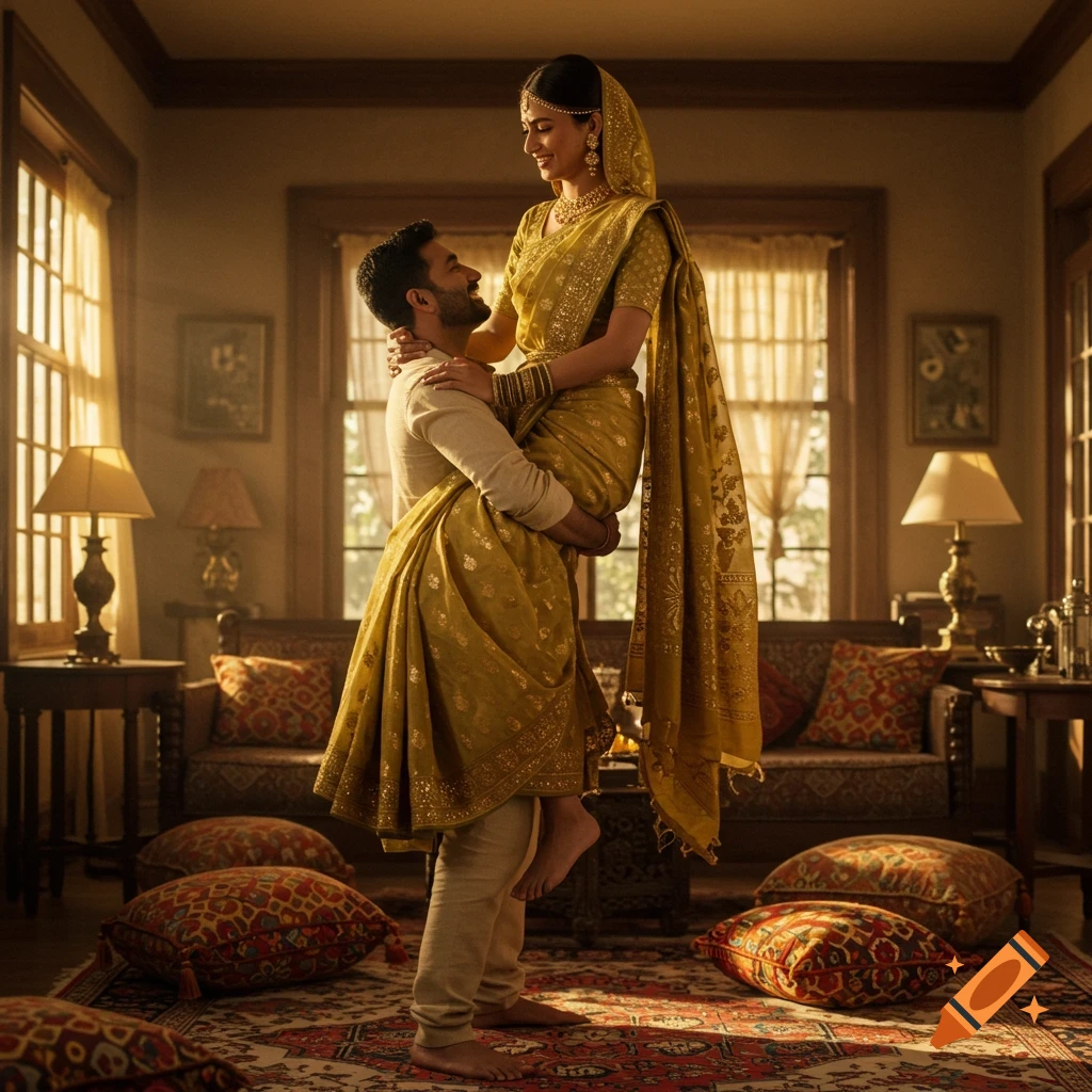 An Indian man in traditional attire lovingly lifts his wife, dressed in a golden saree, in a warmly lit, decorated room. Photorealistic style.
