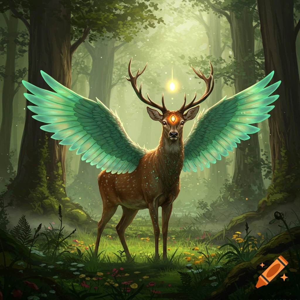 A magical deer with large green wings and a third eye stands in a lush, mystical forest with glowing light.