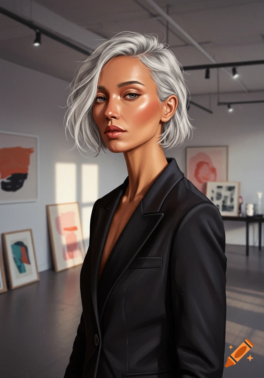 A woman with short grey hair and light brown skin wearing a black blazer stands in an art gallery.