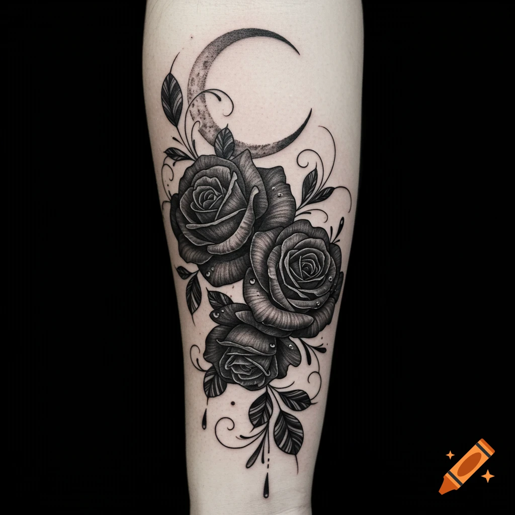 Detailed blackwork tattoo on a forearm featuring three black roses, leaves, and a crescent moon.